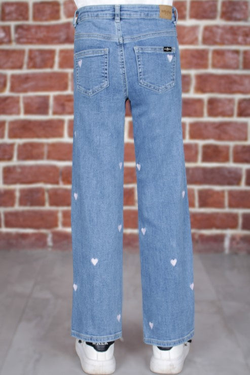 Wide Leg Heart Embroidery Jean