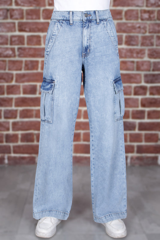 HIGH RISE WIDE LEG CARGO Acid Wash