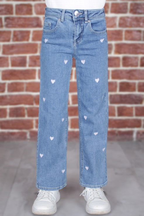 Wide Leg Heart Embroidery Jean